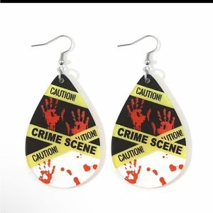 Halloween Bloody Crime Scene Acrylic Dangle Earrings Caution Tape Murder
